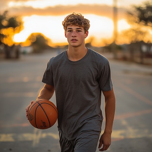 Young basketball player training at sunset